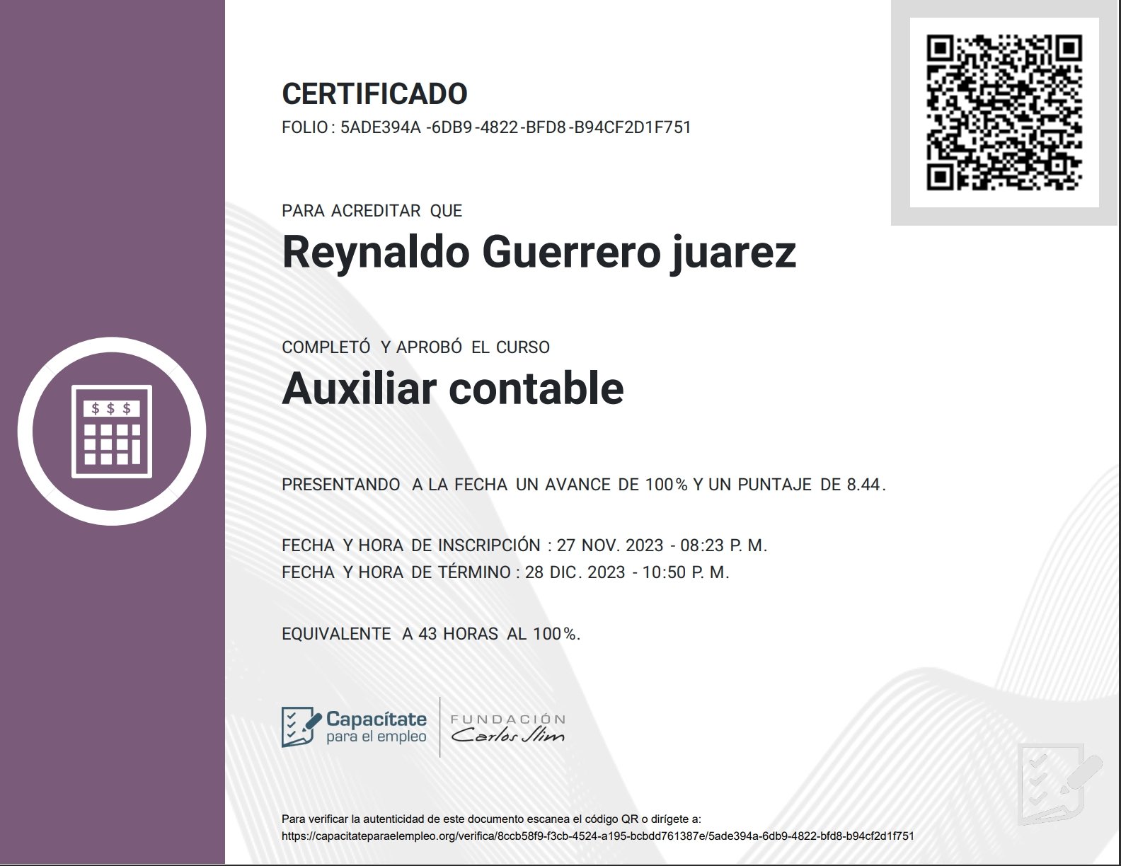 Certificado Auxiliar Contable